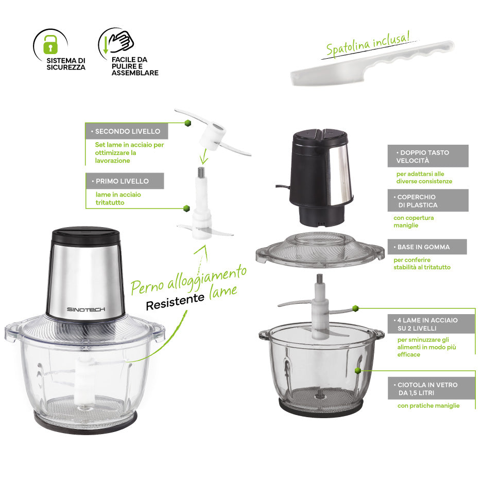 Tritatutto Elettrico Con ciotola in vetro 1,5L