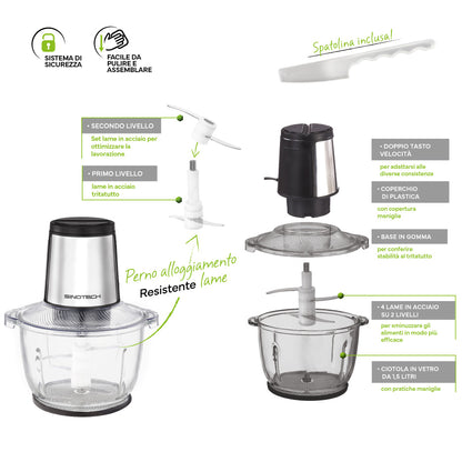 Tritatutto Elettrico Con ciotola in vetro 1,5L